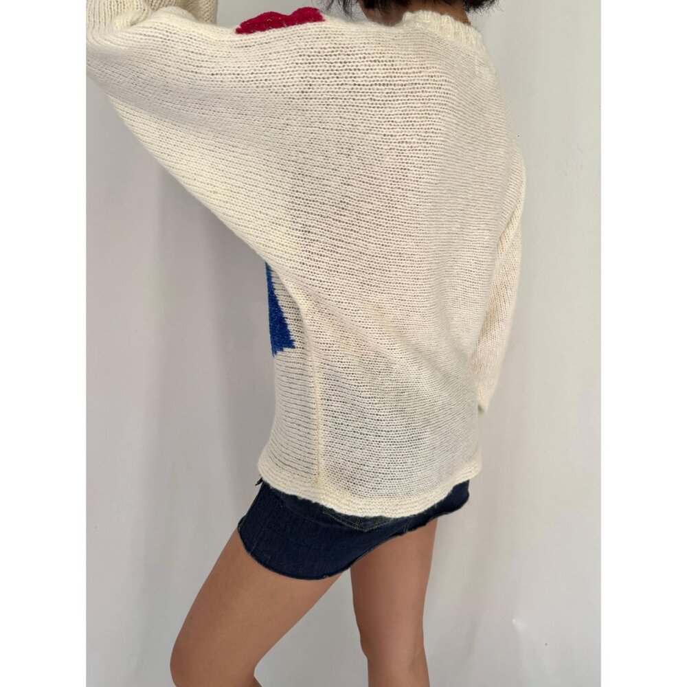 80s vintage colorful sparkly floral abstract print knit sweater with pom poms - Picture 5 of 10
